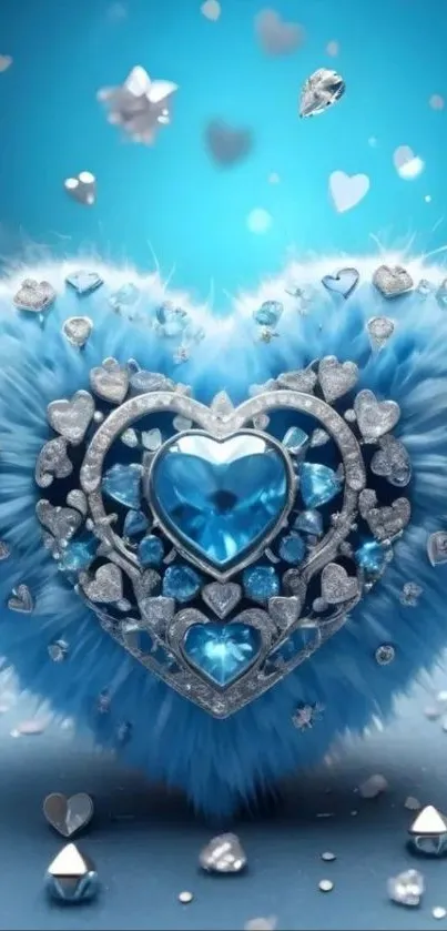 Sparkling blue heart with gems and fluffy texture.