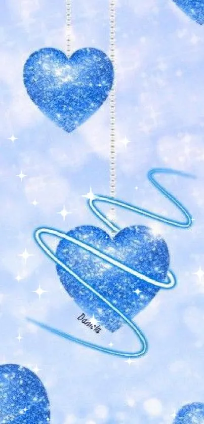 Sparkling blue hearts mobile wallpaper with a dreamy and celestial design.