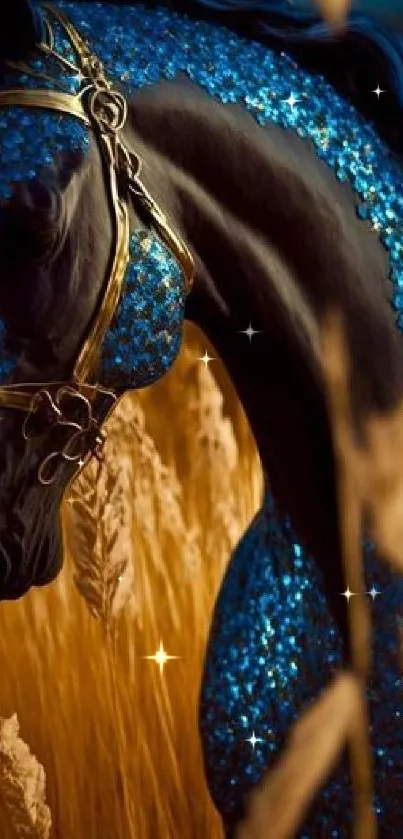 Majestic black horse adorned with blue sparkles amid golden wheat in a vibrant wallpaper.