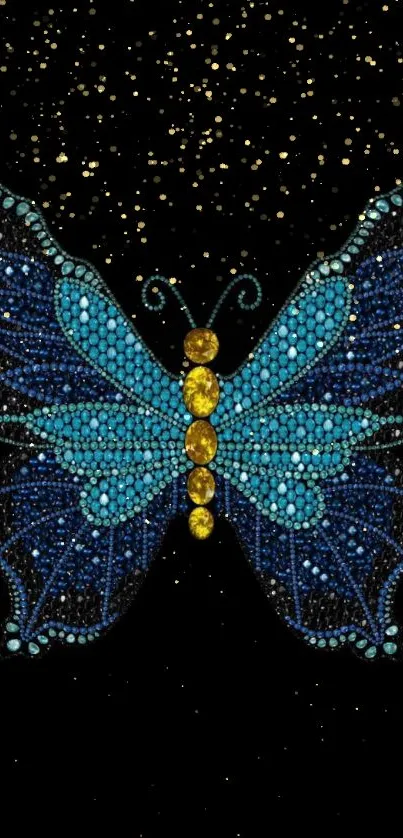 Jewel-studded blue butterfly on a black background.