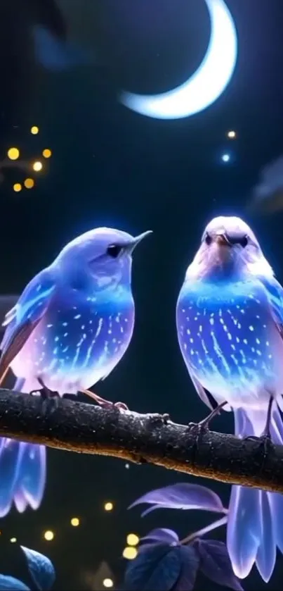 Two glowing blue birds perch under a crescent moon.