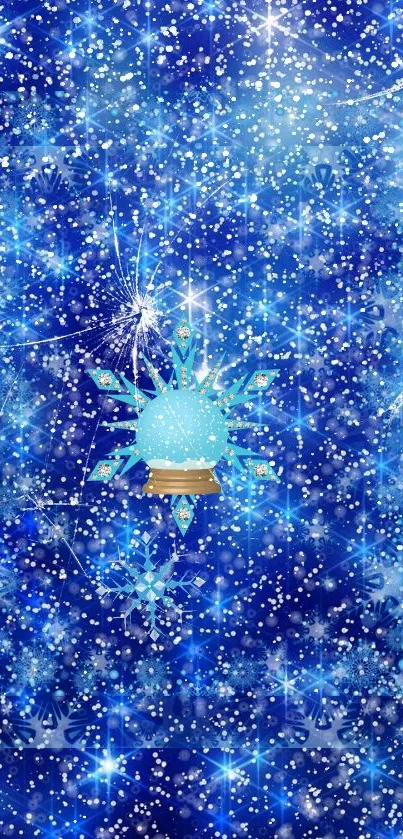 A blue snowflake and sparkling stars mobile wallpaper for a cool winter aesthetic.