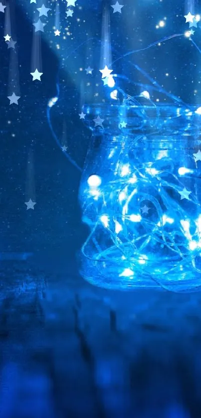 Magical blue jar with glowing fairy lights and stars.