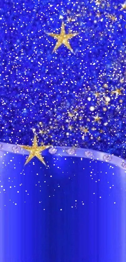 Starry blue wallpaper with golden stars.