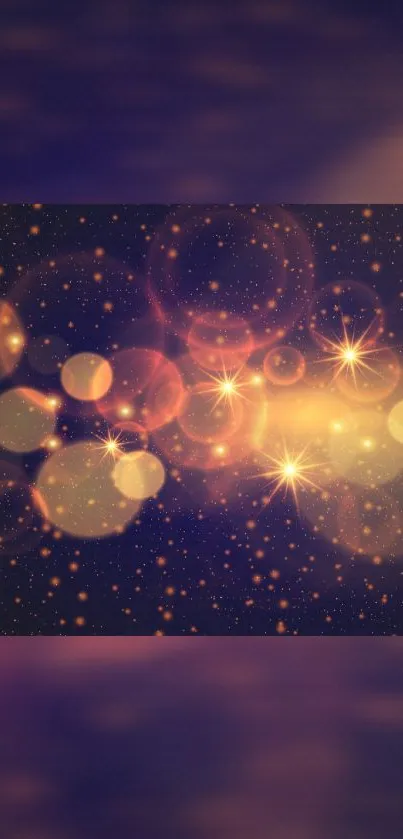 Sparkling bokeh wallpaper with golden stars and a dark purple night sky.