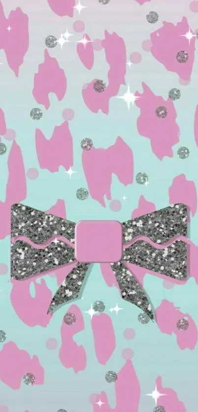 Pink patterned wallpaper with a sparkling bow design.