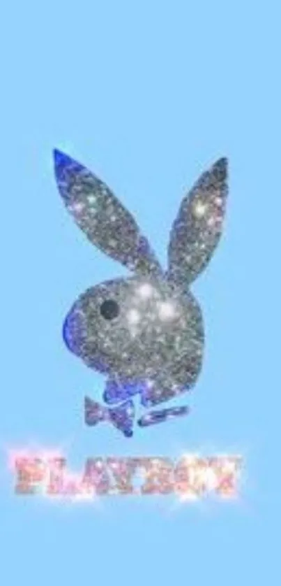 Sparkling bunny design on light blue wallpaper.