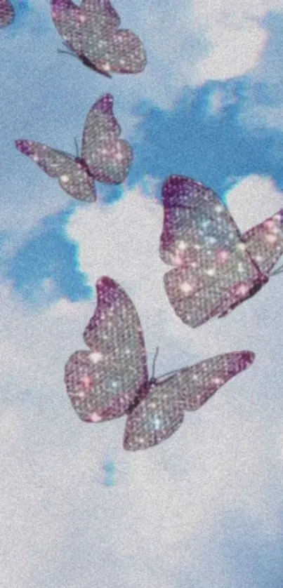 Sparkling butterflies fly in a blue sky wallpaper.