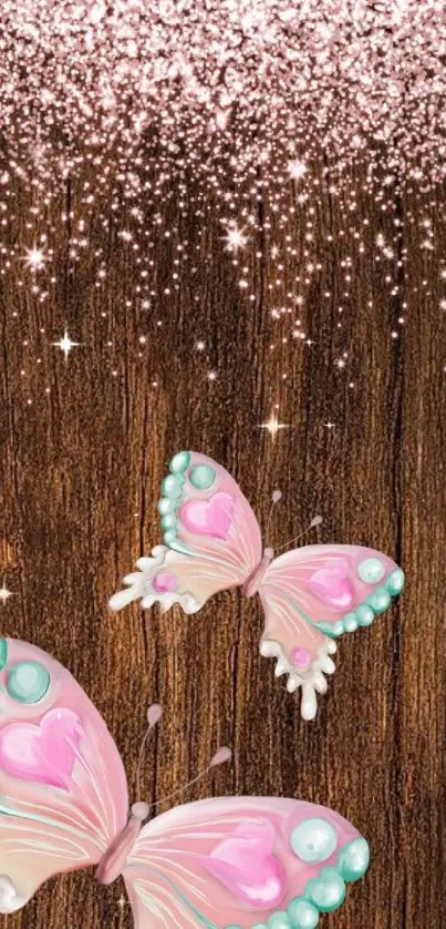 Pink butterflies on glittering wood background.