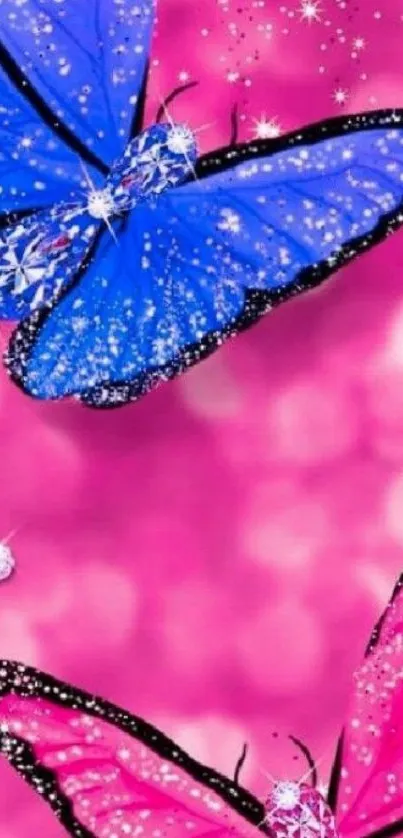 Vibrant wallpaper with pink and blue sparkling butterflies.