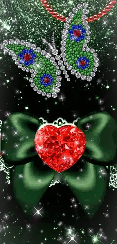 Wallpaper with jeweled butterfly and red heart over dark green background.