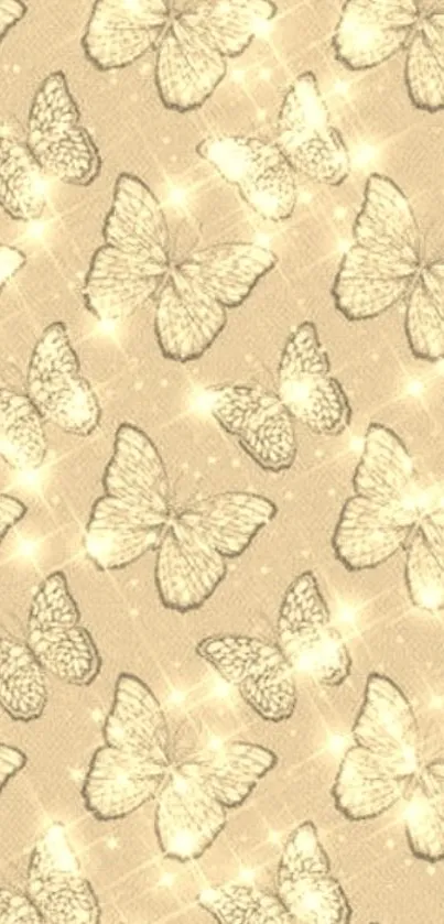 A glittery golden wallpaper with delicate butterfly patterns.