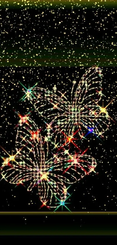 Sparkling butterfly design wallpaper on black background.