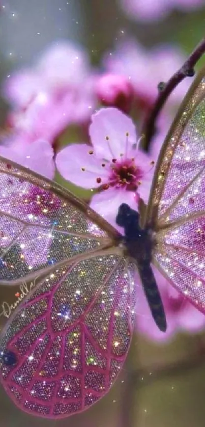 A dazzling butterfly resting on pink cherry blossoms, sparkling in sunlight.