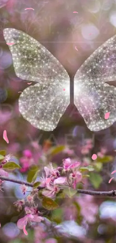 Sparkling butterflies with pink blossoms mobile wallpaper.