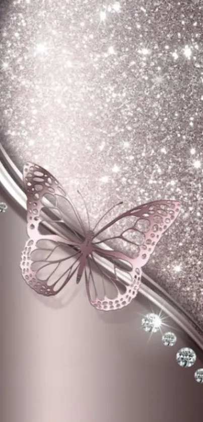 Elegant pink glitter wallpaper with a butterfly design.