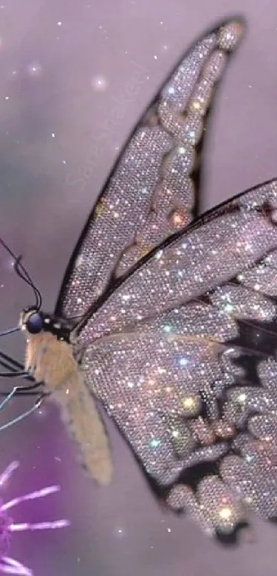 Sparkling butterfly with glittering wings on purple flowers.