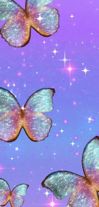 Sparkling butterflies on a purple background with a glittering effect.