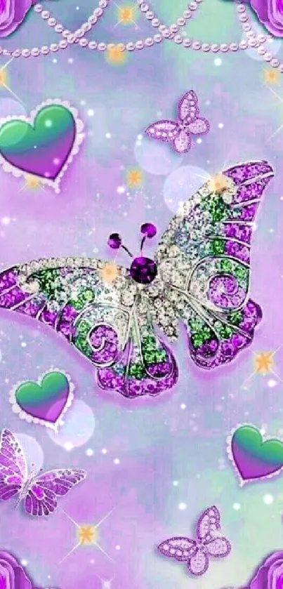 Colorful butterfly with purple hues and jewel accents on a pastel background.