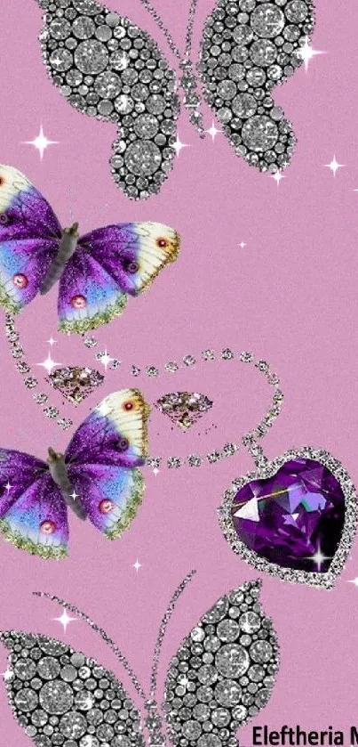 Sparkling butterflies and gemstone heart on pink background.