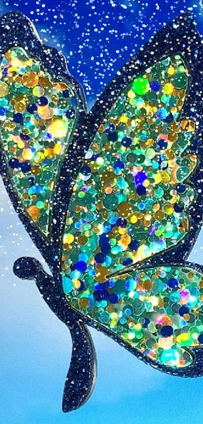 Sparkling butterfly with glitter on a blue sky background.