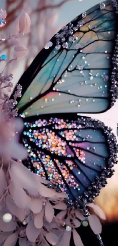 Ethereal butterfly with sparkling pastel wings in an elegant design.