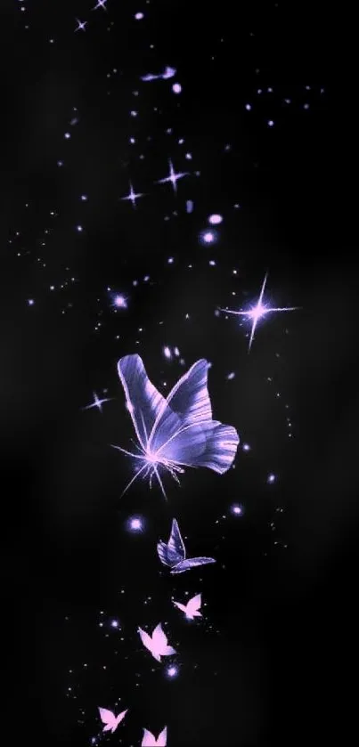 Glittering butterflies float in a starry night sky wallpaper.