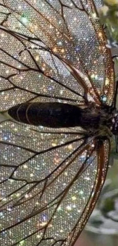 Glittering butterfly on leafy background with sparkling wings.