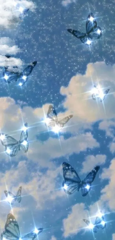 Sparkling blue butterflies in a cloud-filled sky wallpaper.