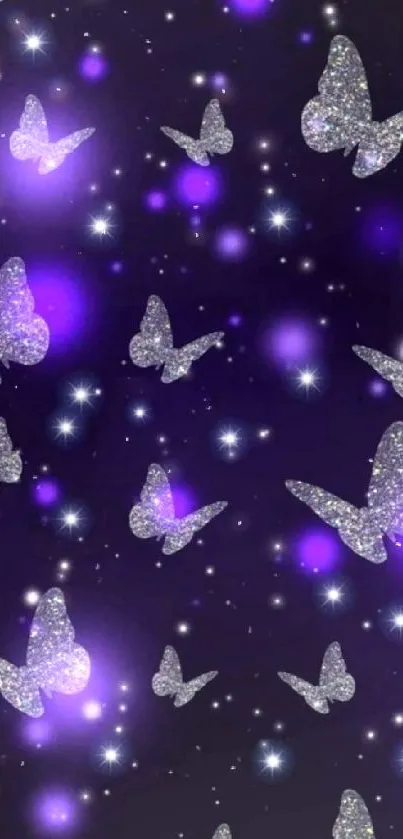 Sparkling butterflies on a violet night sky wallpaper.