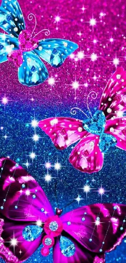 Vibrant hot pink and blue butterfly wallpaper with sparkles.