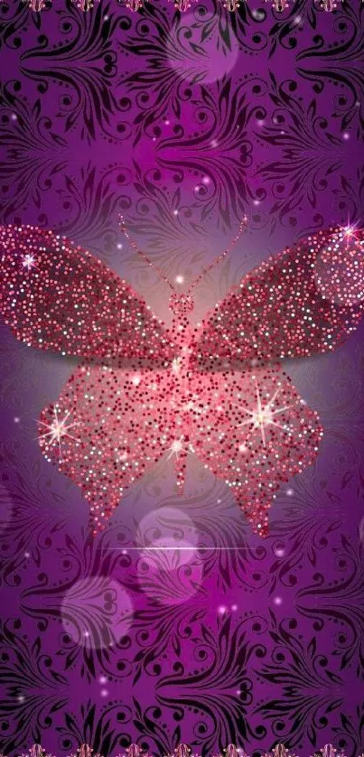 Sparkling pink butterfly on purple floral background wallpaper.