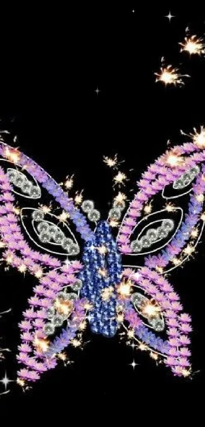 Intricate sparkling butterfly wallpaper on black background.