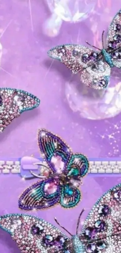 Jewel-encrusted butterflies on a lavender background, perfect mobile wallpaper.