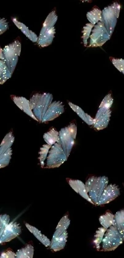 Sparkling blue butterflies on a black background creating an elegant and vibrant wallpaper.