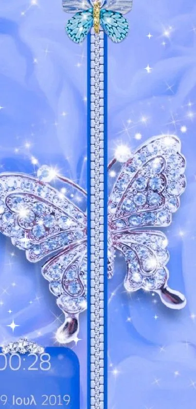 Elegant sparkling butterfly on a blue background with zipper design.