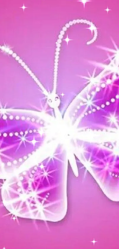 Pink and white sparkling butterfly wallpaper with glowing effects.