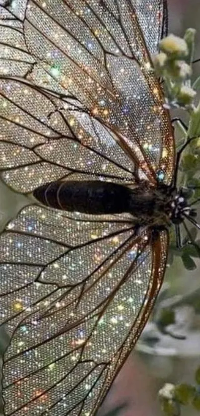 Sparkling butterfly with intricate, glittering wings perched on a sage green plant.