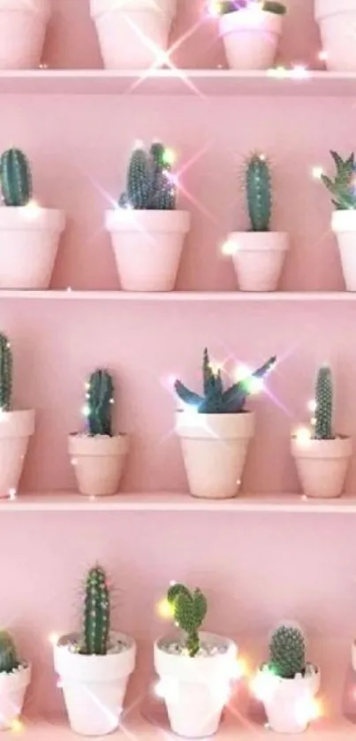 Sparkling cactus wallpaper with pink background and potted plants.