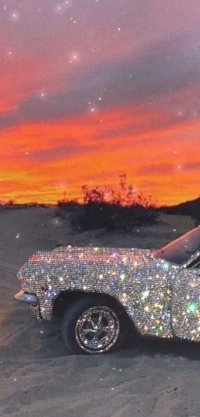 Car covered in sparkles parked in desert at sunset.