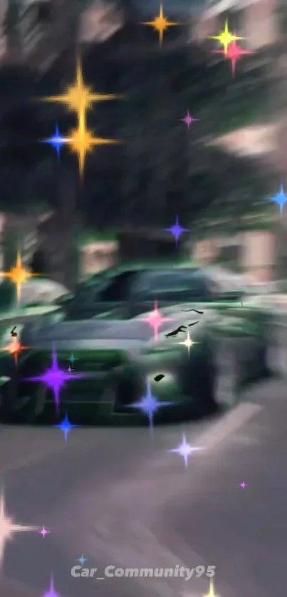 Dynamic car with sparkles on city street wallpaper.