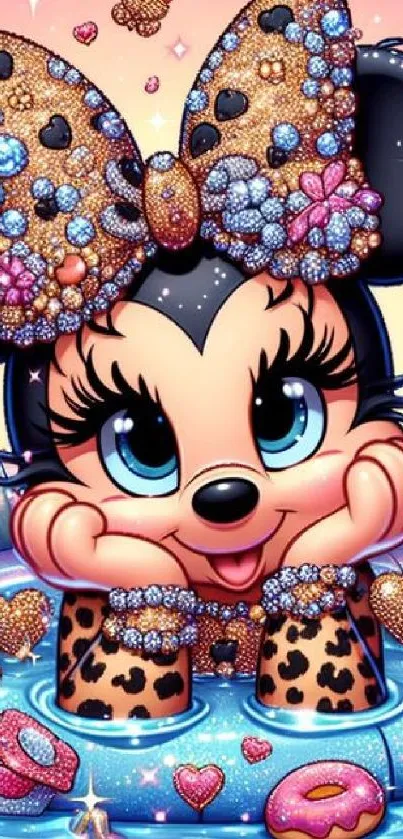 Cute cartoon character with sparkling jewels and animal print accents.