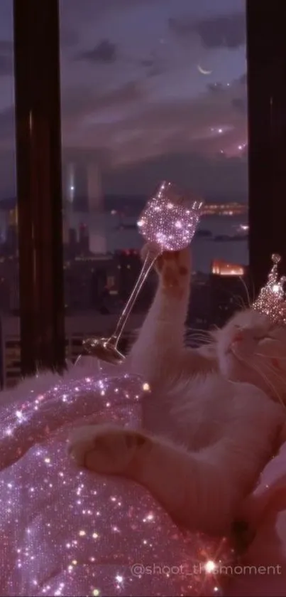 Whimsical cat with crown in a sparkling cityscape, night view.