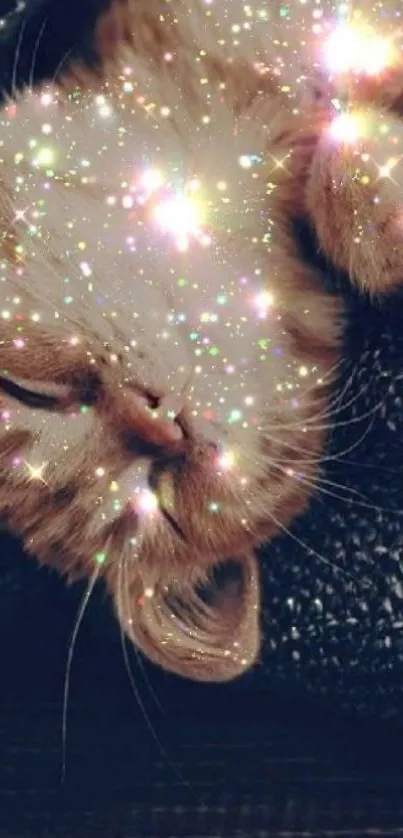 A sleeping cat with sparkling stars on a dark textured background.