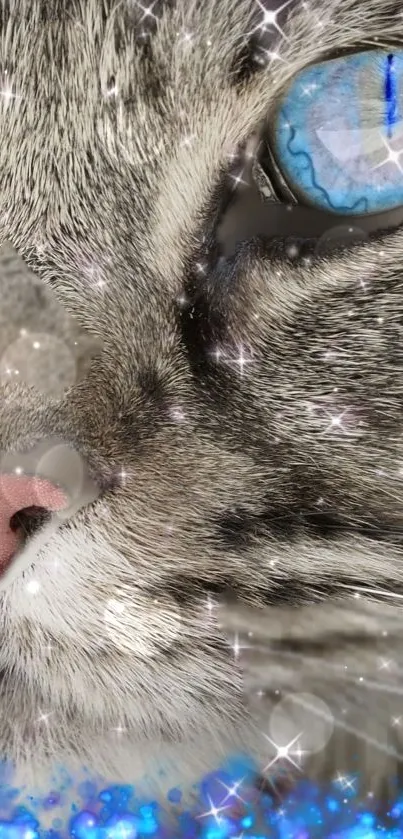 Close-up of a cosmic cat with sparkling fur and blue eyes, perfect for phone wallpaper.