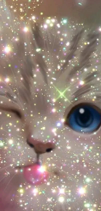 A whimsical wallpaper of a winking cat with sparkling effects.