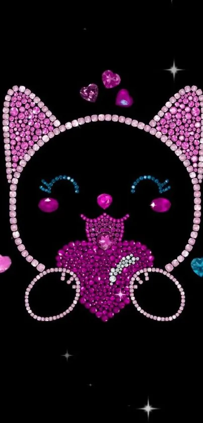 Sparkling gemstone cat holding a heart design on black background.