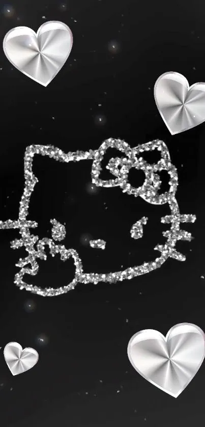 Glittering cat outline with silver hearts on black wallpaper.