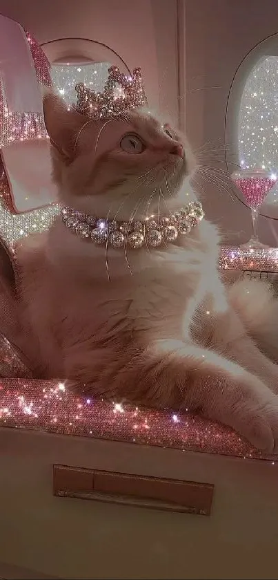 Cat with crown and pearls in sparkly airplane seat.