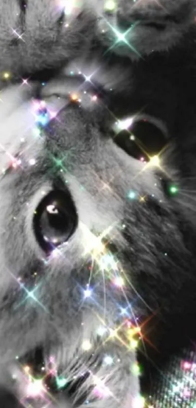 Close-up of a cat with colorful sparkles on black and white background.